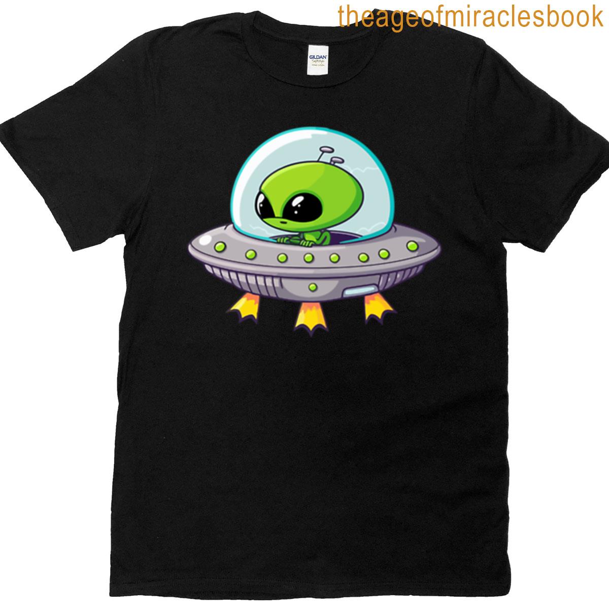 Cute Alien In Flying Saucer Cartoon Ufo T-shirt