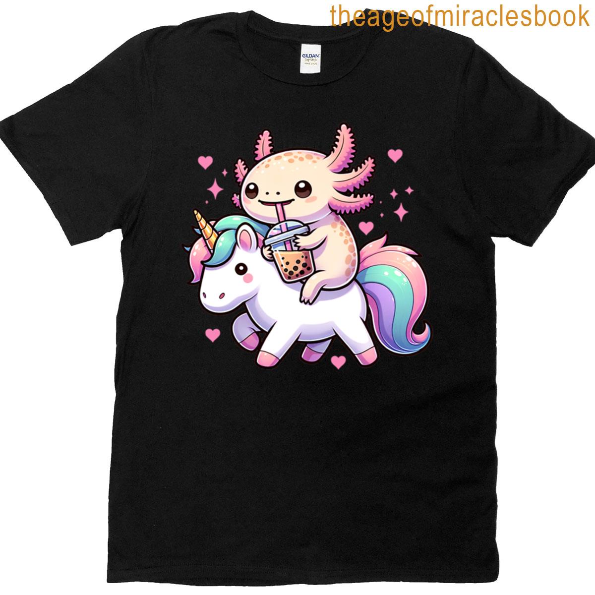 Cute Anime Kawaii Axolotl Riding A Unicorn And Drinking Boba T-shirt