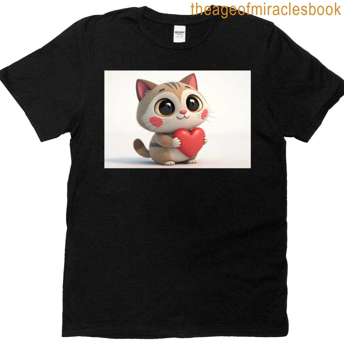 Hubby Cartoon Cat With Big Eyes And Pink Cheeks Is Holding A Heart Shape In Its Paws T-shirt