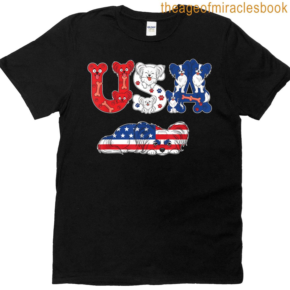 Papillon Dog American Usa Flag 4th Of July Womens Mens Kids T-shirt