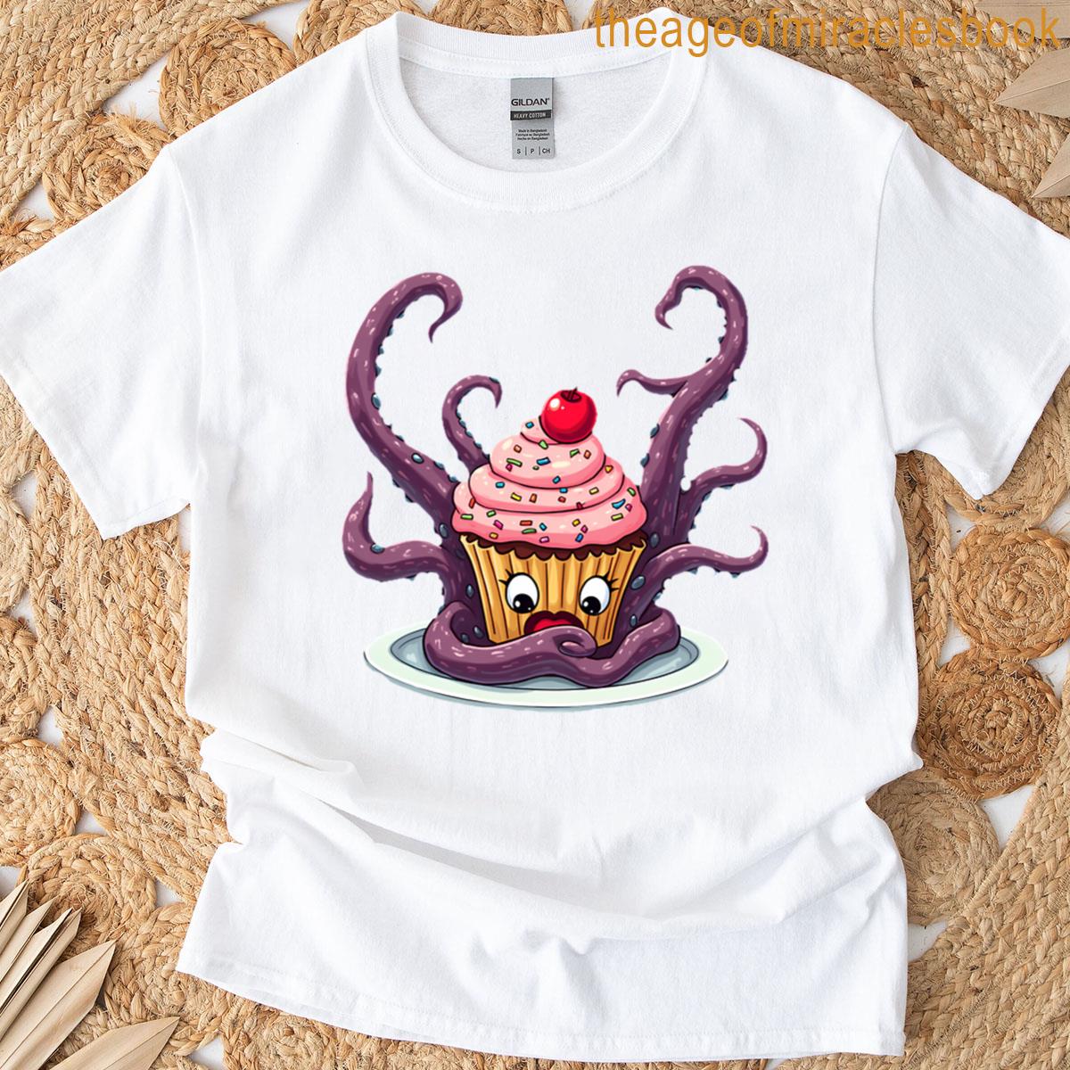 Cupcake Vs Kraken Funny Cartoon Dessert Attack Design T-shirt