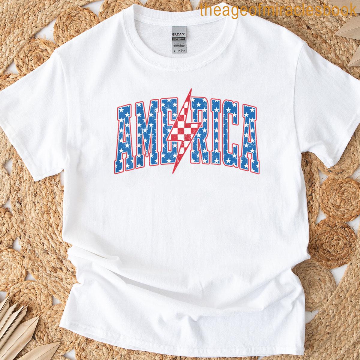 America Checkered Lightning 4th Of July Patriotic Men Women T-shirt