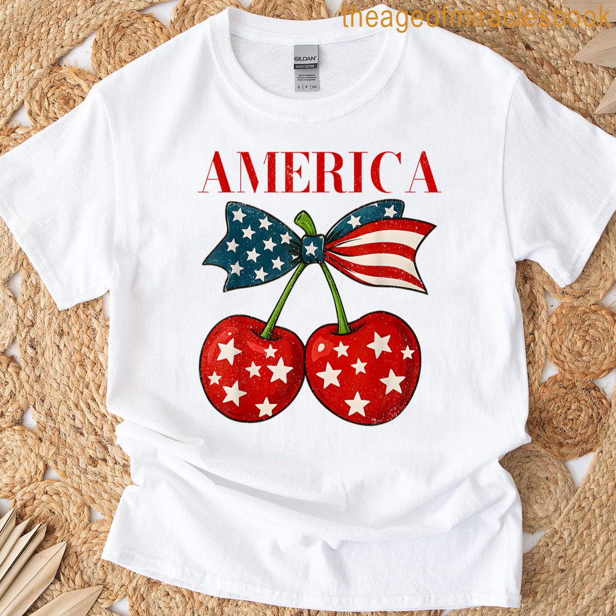 America Cherries Coquette Bow Cherry July 4th Usa Flag Women T-shirt