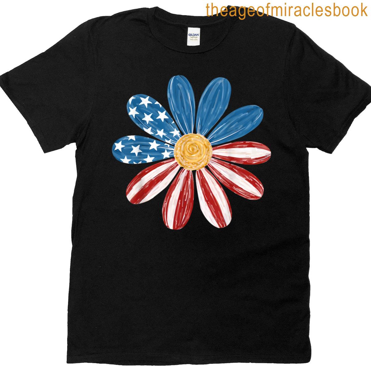 Floral American Flag Daisy 4th July Women Girls Patriotic T-shirt