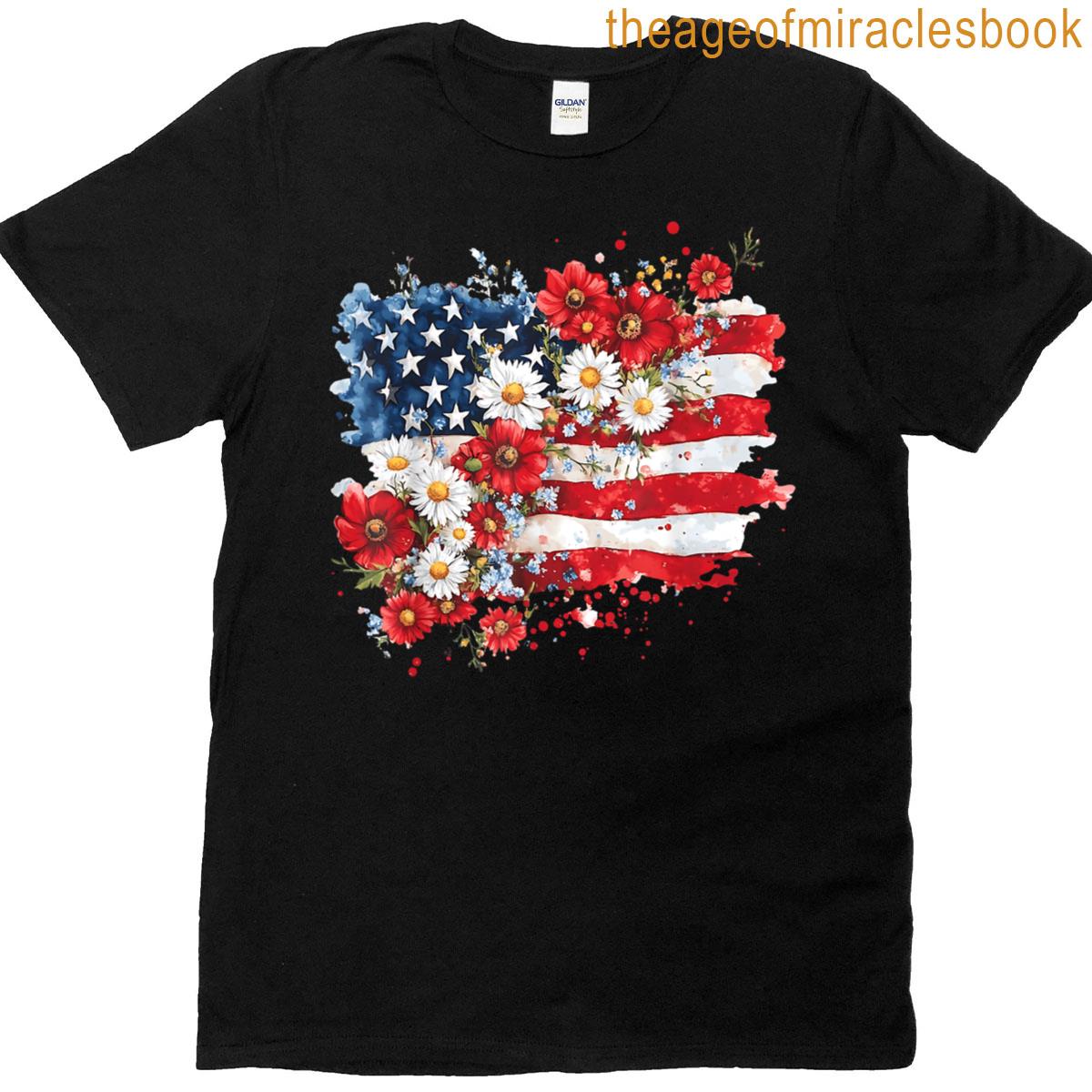 Women 4th Of July Floral American Flag Wildflowers Patriotic T-shirt