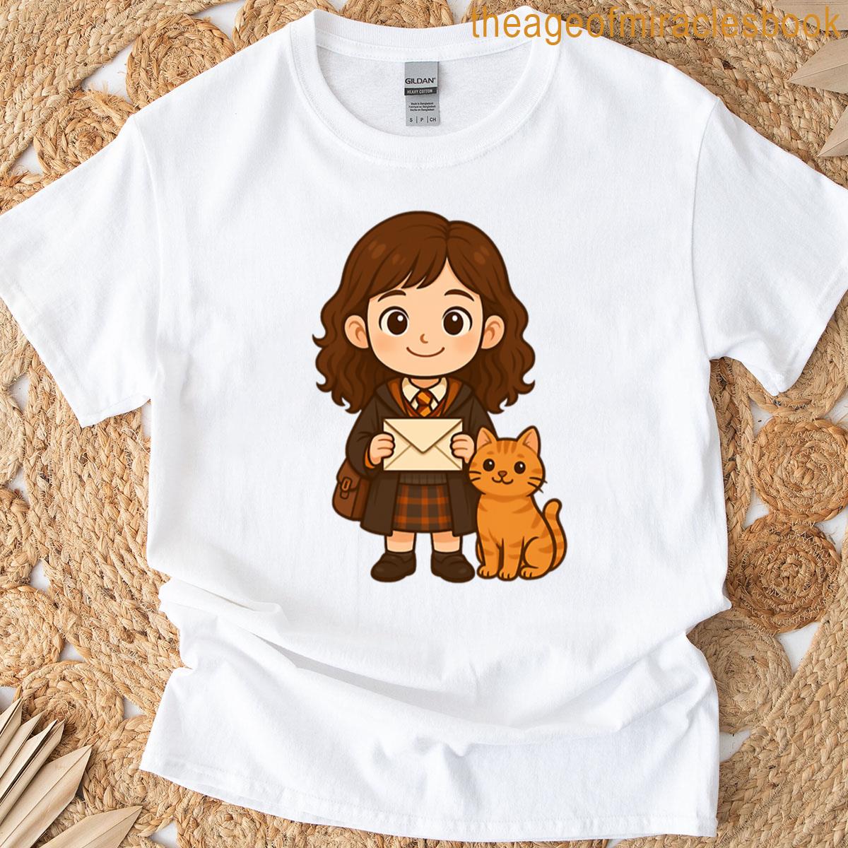 Chibi Witch Girl With Orange Cat And Magic Letter – Cute Wizard School Style T-shirt