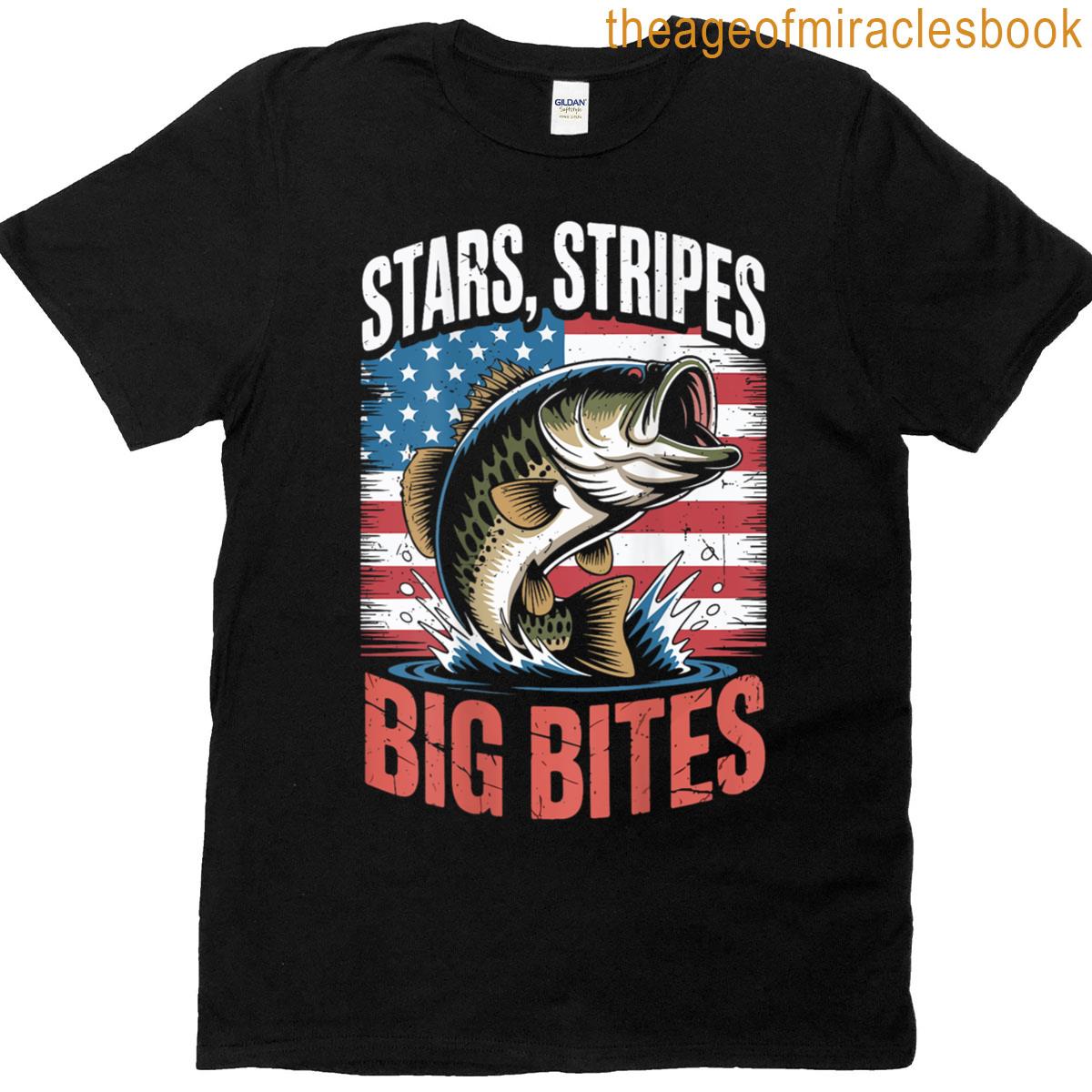 Stars Stripes Big Bites 4th July Fishing Youth Boy Patriotic T-shirt