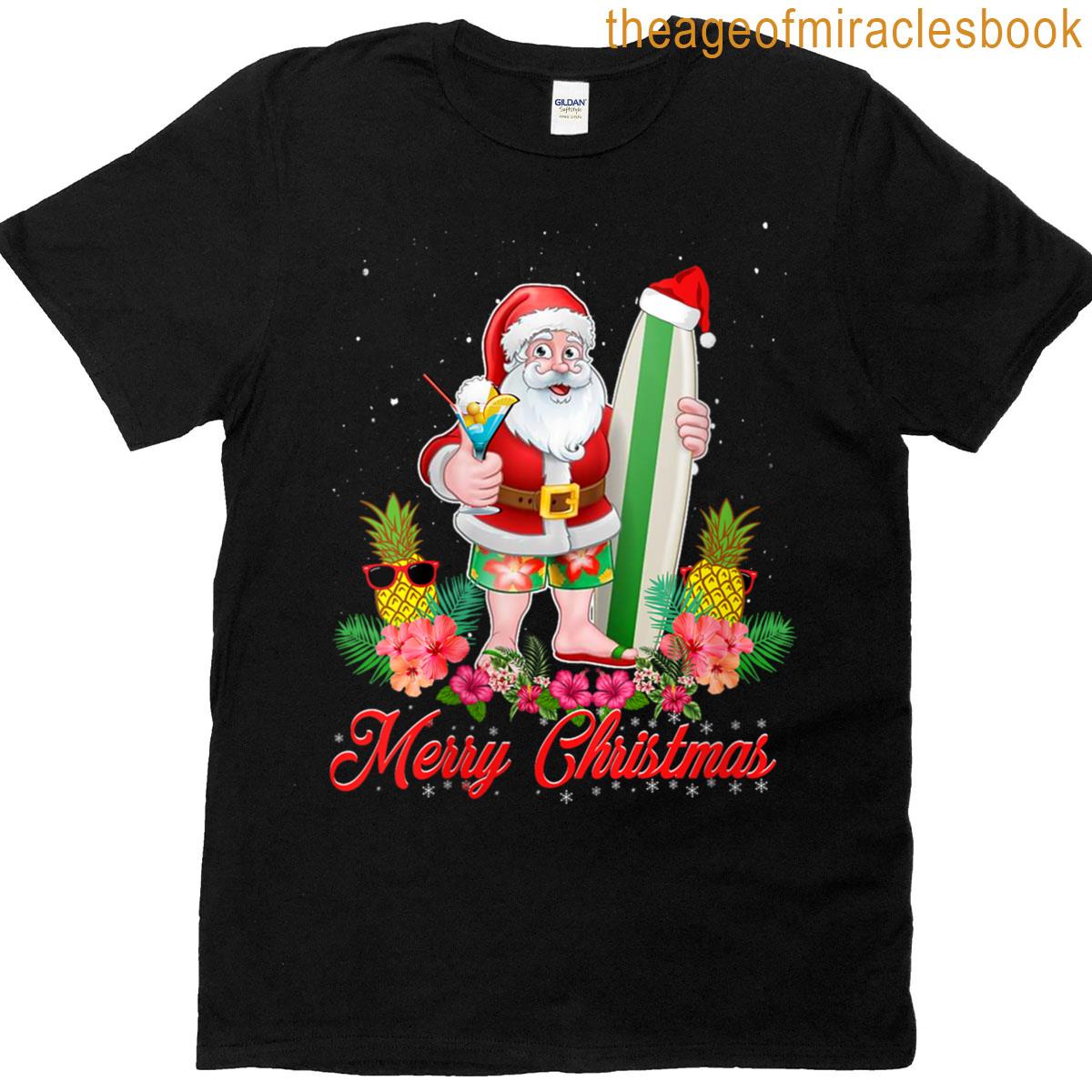 Womens Christmas In July Santa Hawaiian Surfing Gifts Summer Surf T-shirt