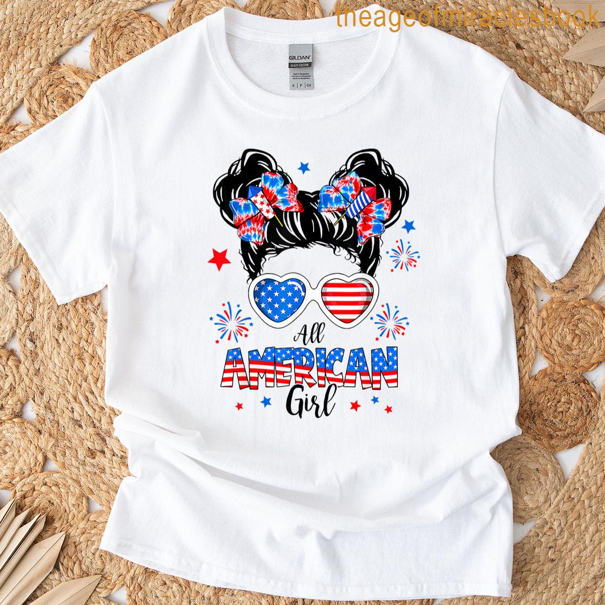4th Of July All American Girl Messy Bun Usa Flag Women Kids T-shirt