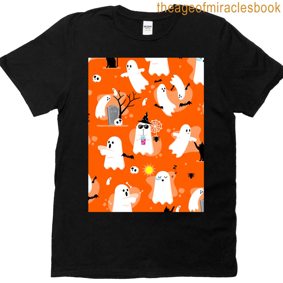 Cute Halloween Ghosts Black Cat Orange T-shirt