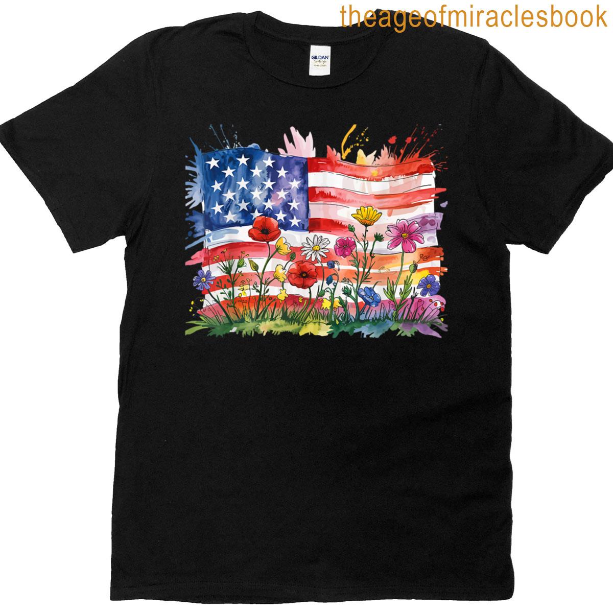 Floral American Flag Flowers 4th Of July Patriotic Women Men T-shirt