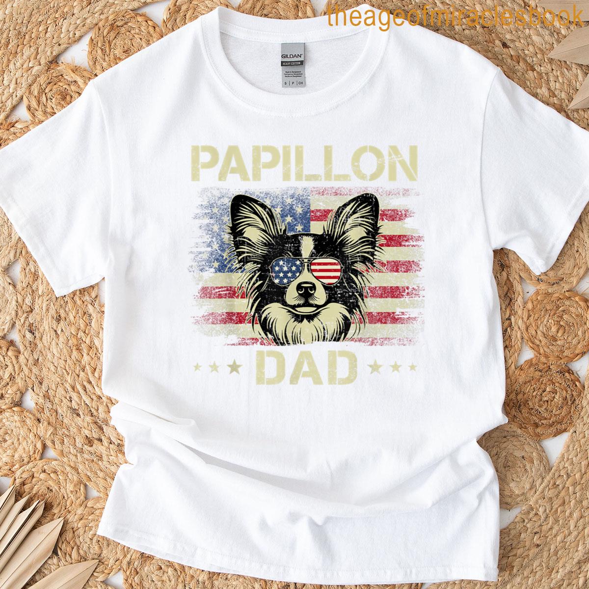Papillon Dad Dog Vintage American Flag 4th Of July Men Women Kids T-shirt