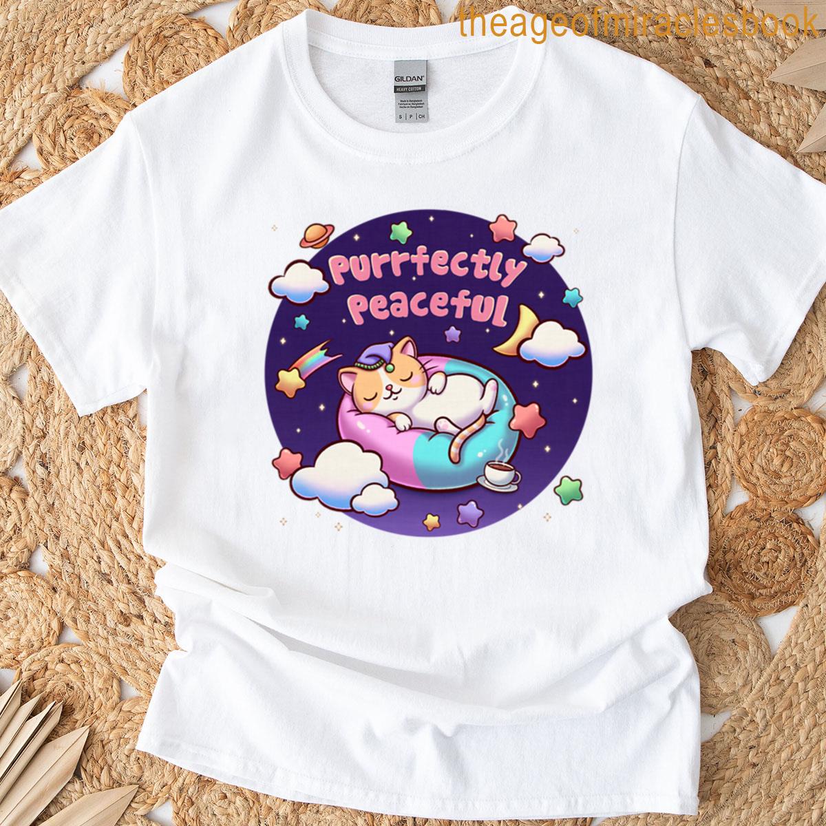 Purrfectly Peaceful Kawaii Cat Dreaming In The Stars T-shirt