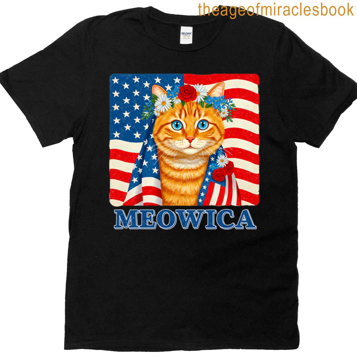 Funny Meowica Ginger Cat American Flag T-shirt