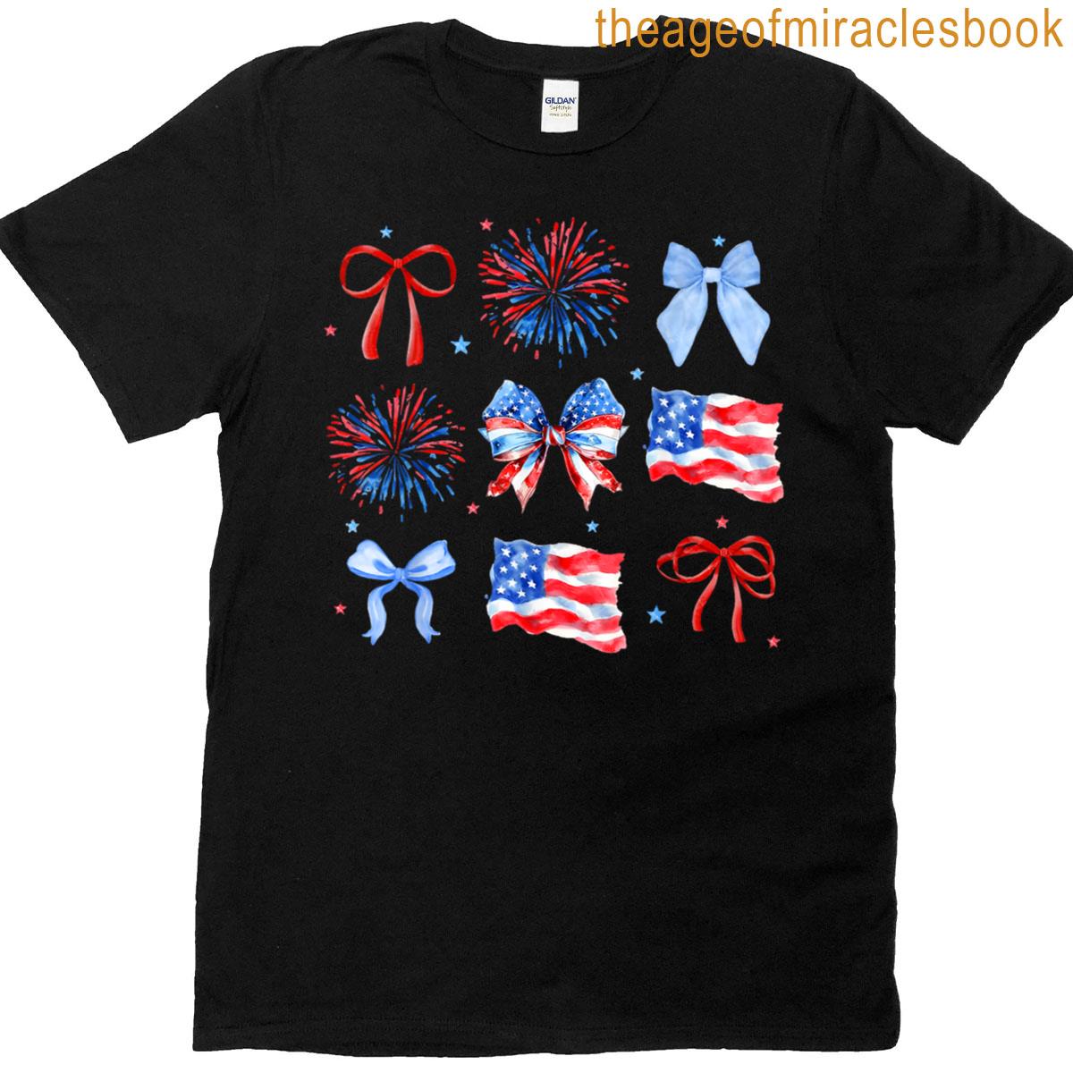 Coquette Bows Red White Blue Usa Flag 4th Of July Women Girl T-shirt