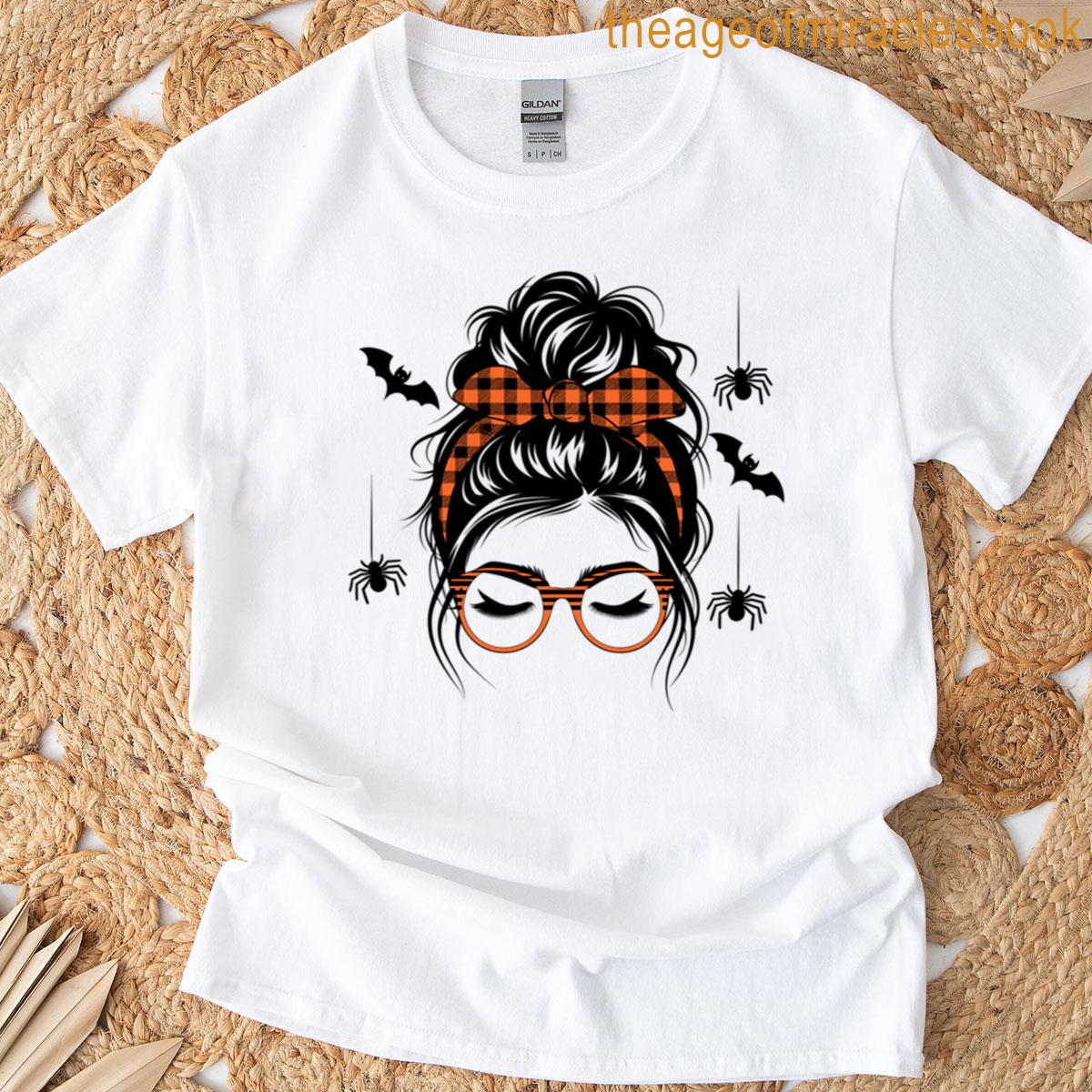Trendy Halloween Girl With Orange Plaid Bow Spooky Chic Style T-shirt