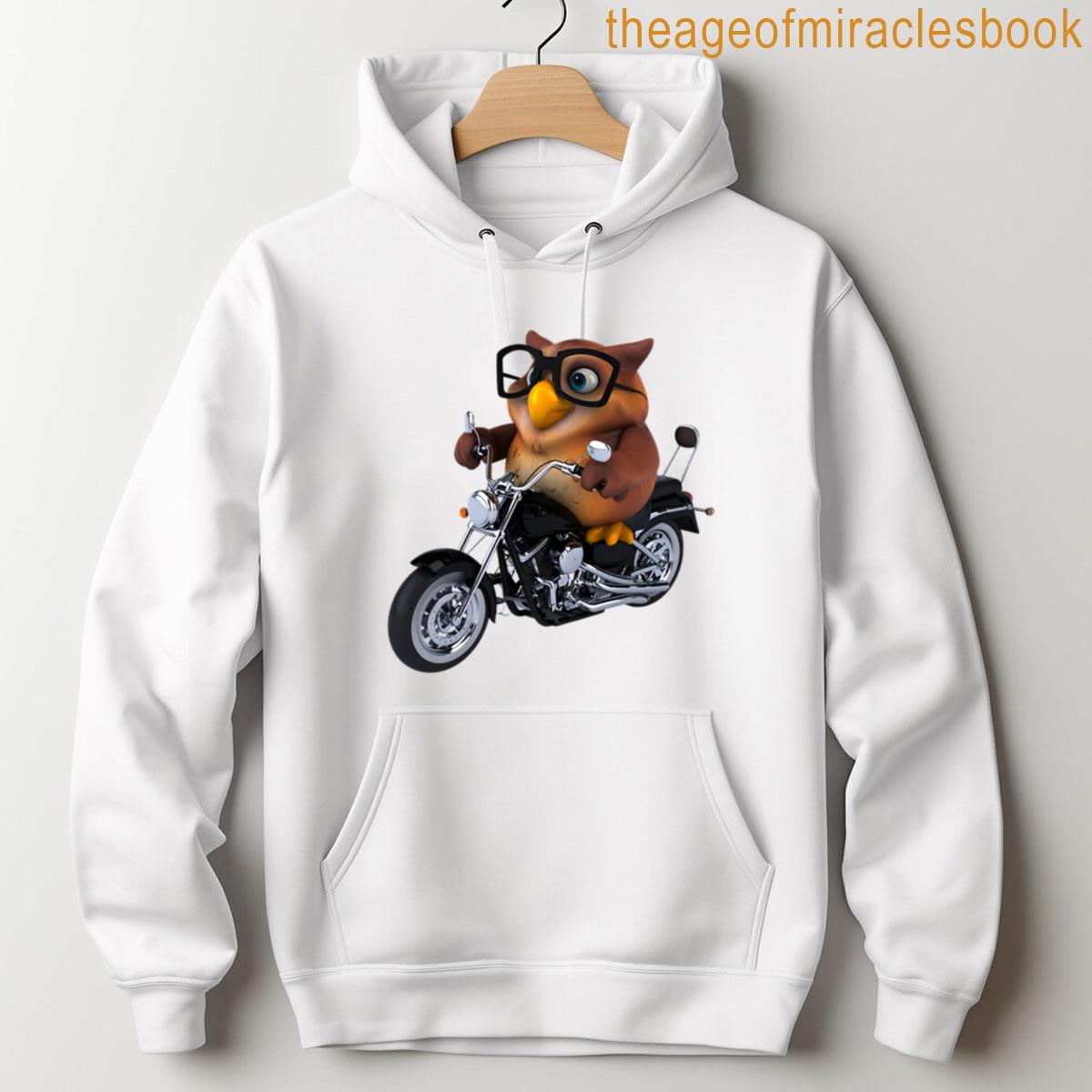 Alternative view of 3d Owl With Glasses On A Motorcycle Cool And Funny Animal Biker Illustration T-shirt