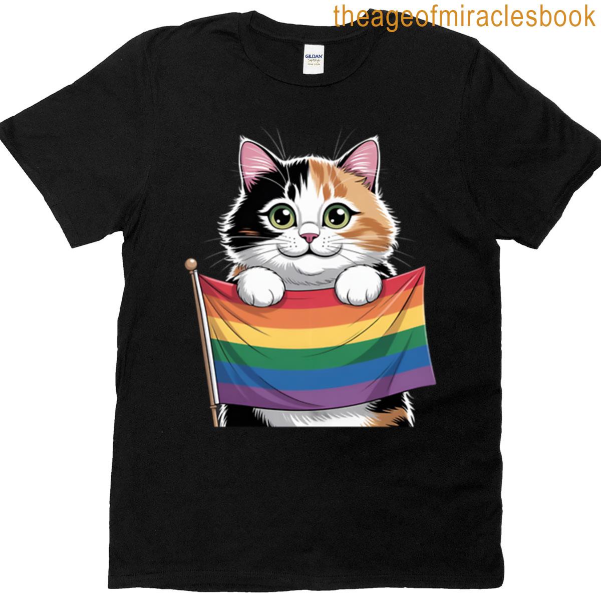 A Cute Cat Holding An Lgbtq Flag T-shirt
