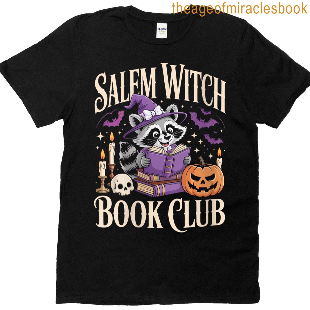 Womens Salem Witch Book Club Halloween Raccoon Witch Reading Book T-shirt