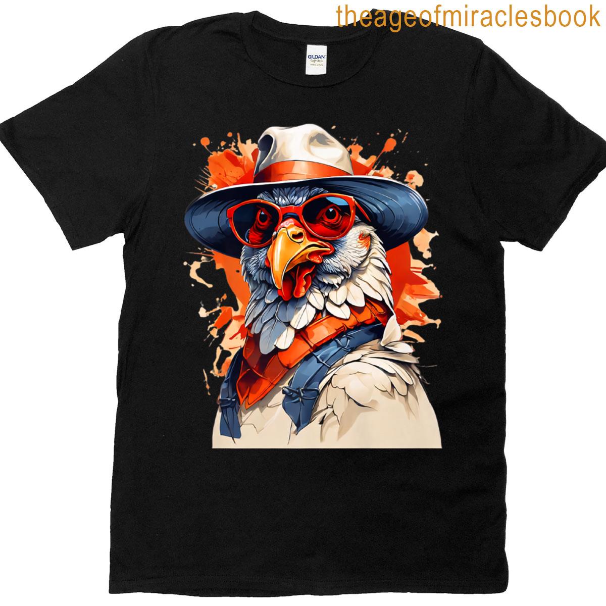 Cartoon Chicken With Hat Red Glasses And Orange Splashes Premium T-shirt