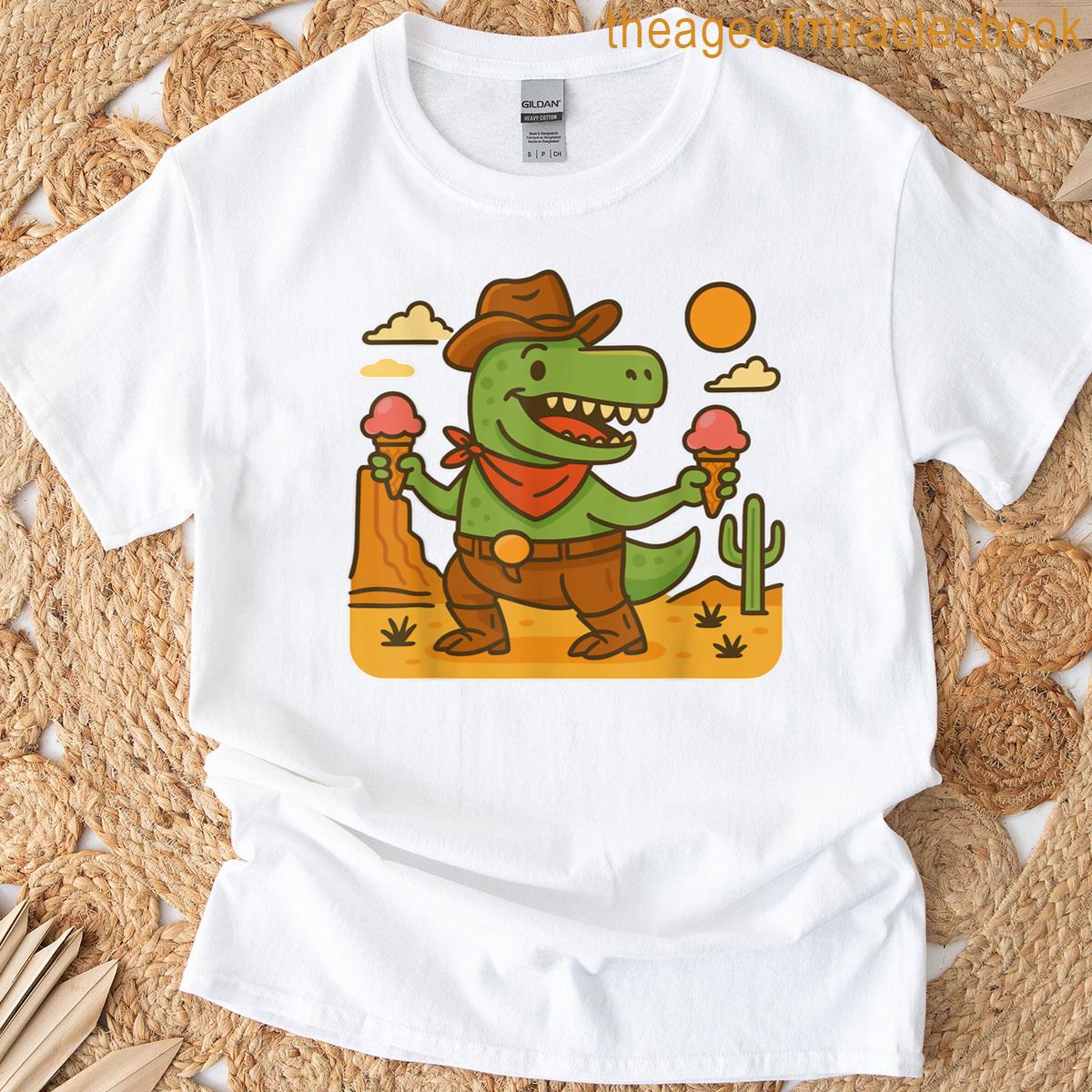 Cartoon Cowboy T-rex With Ice Cream Fun Desert Adventure T-shirt