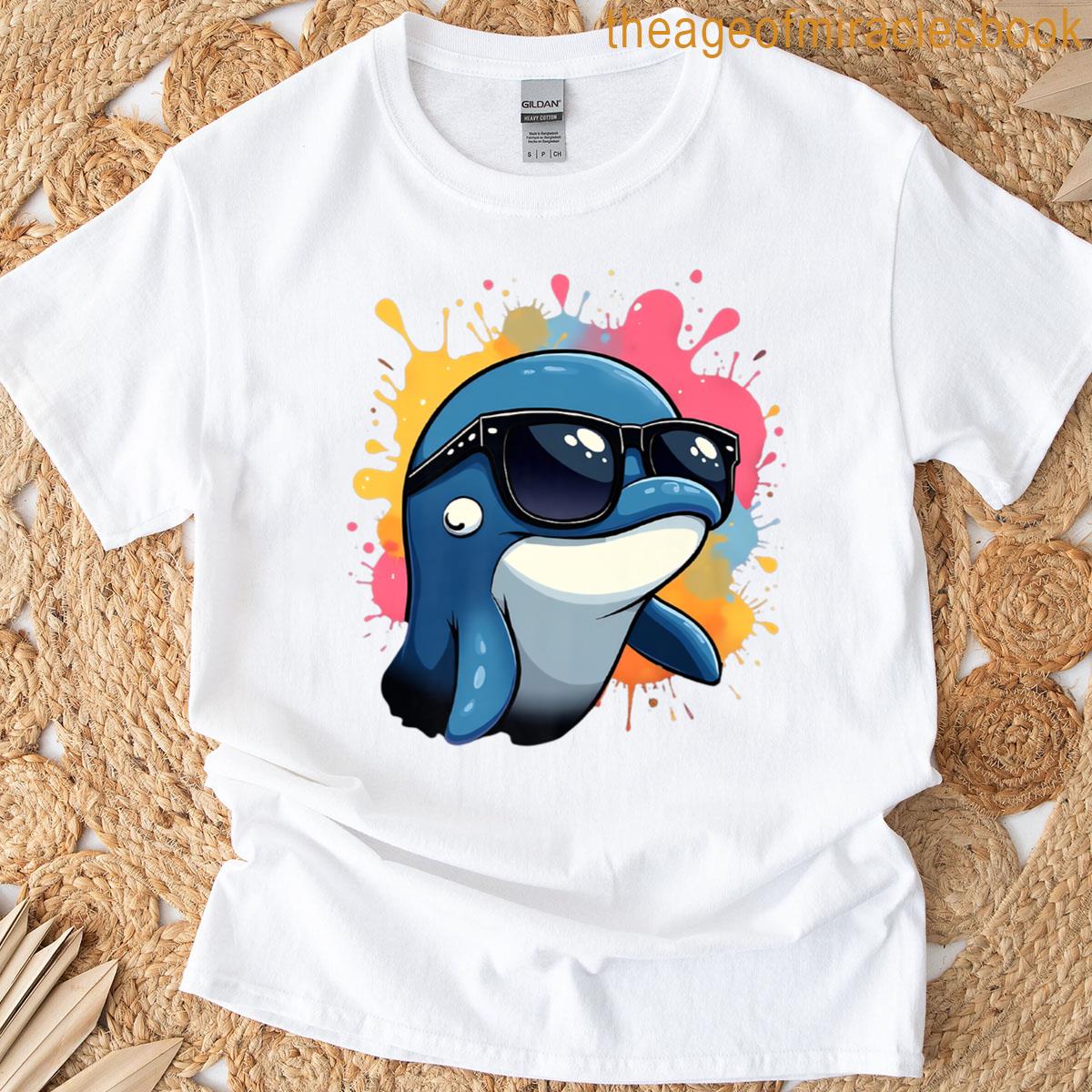 Cartoon Dolphin Head With Sunglasses And Color Splashes Premium T-shirt