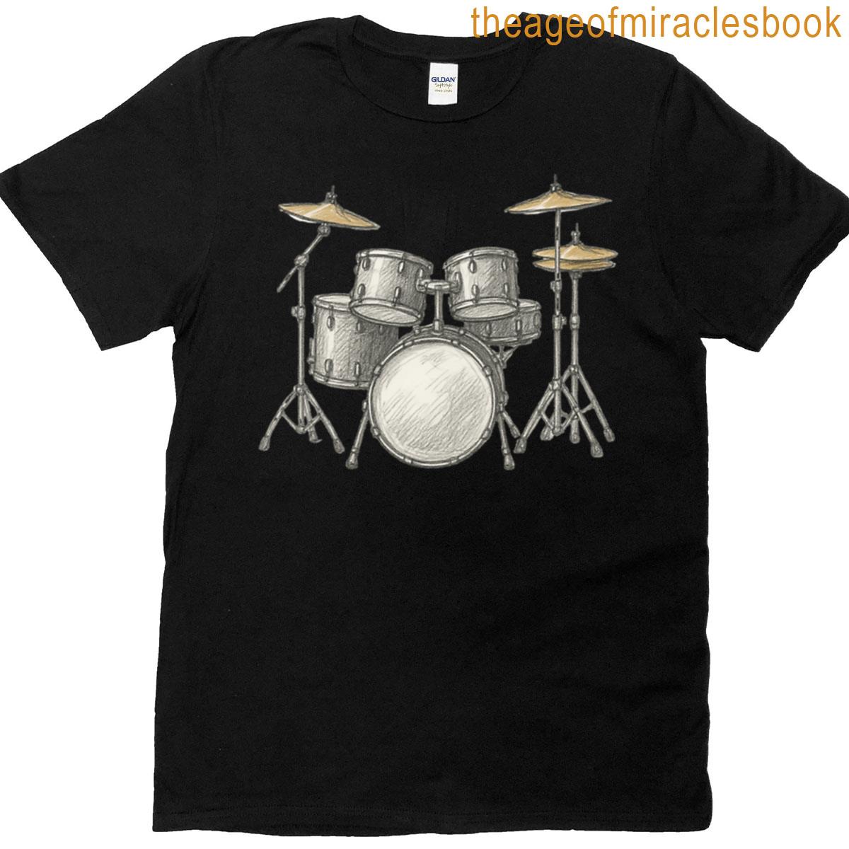 Minimalist Drum Set Sketch With Yellow Cymbals Drummer Logo Art T-shirt
