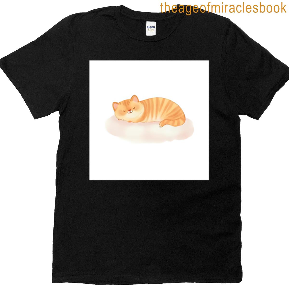 A Cute Lazy Cat Sleeping On A Fluffy Cloud Kawaii Sticker Style Pastel Colors White Outline Transpar T-shirt