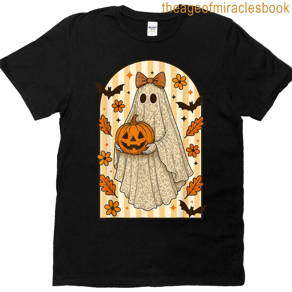 Vintage Lace Ghost Pumpkin Bow Fall Leaves Spooky Halloween T-shirt