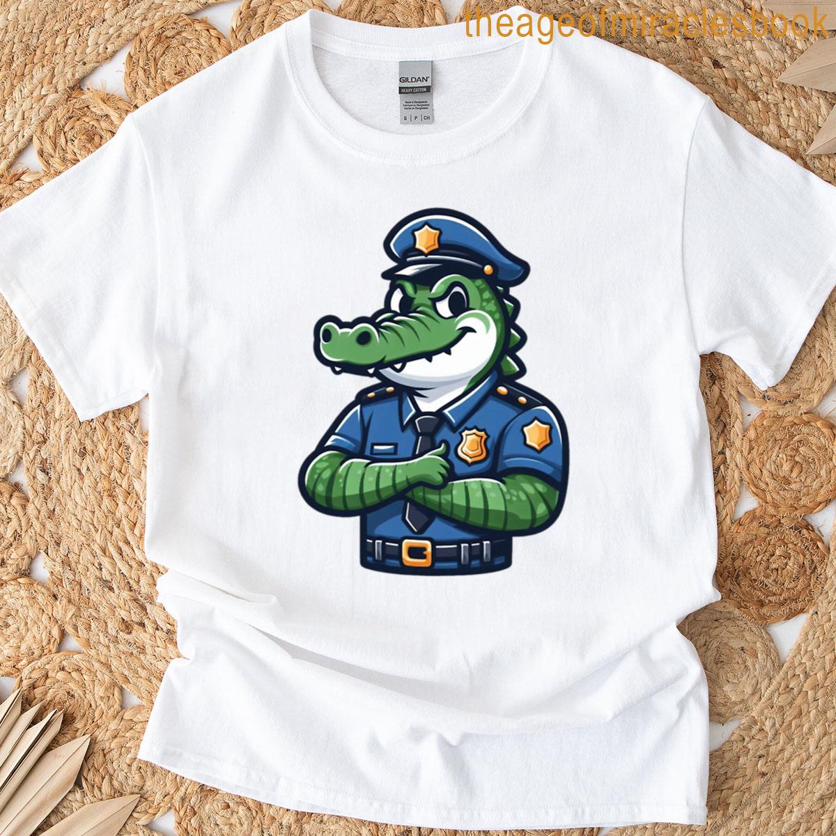 Cartoon Crocodile Cop With Badge Funny Police Animal Illustration T-shirt