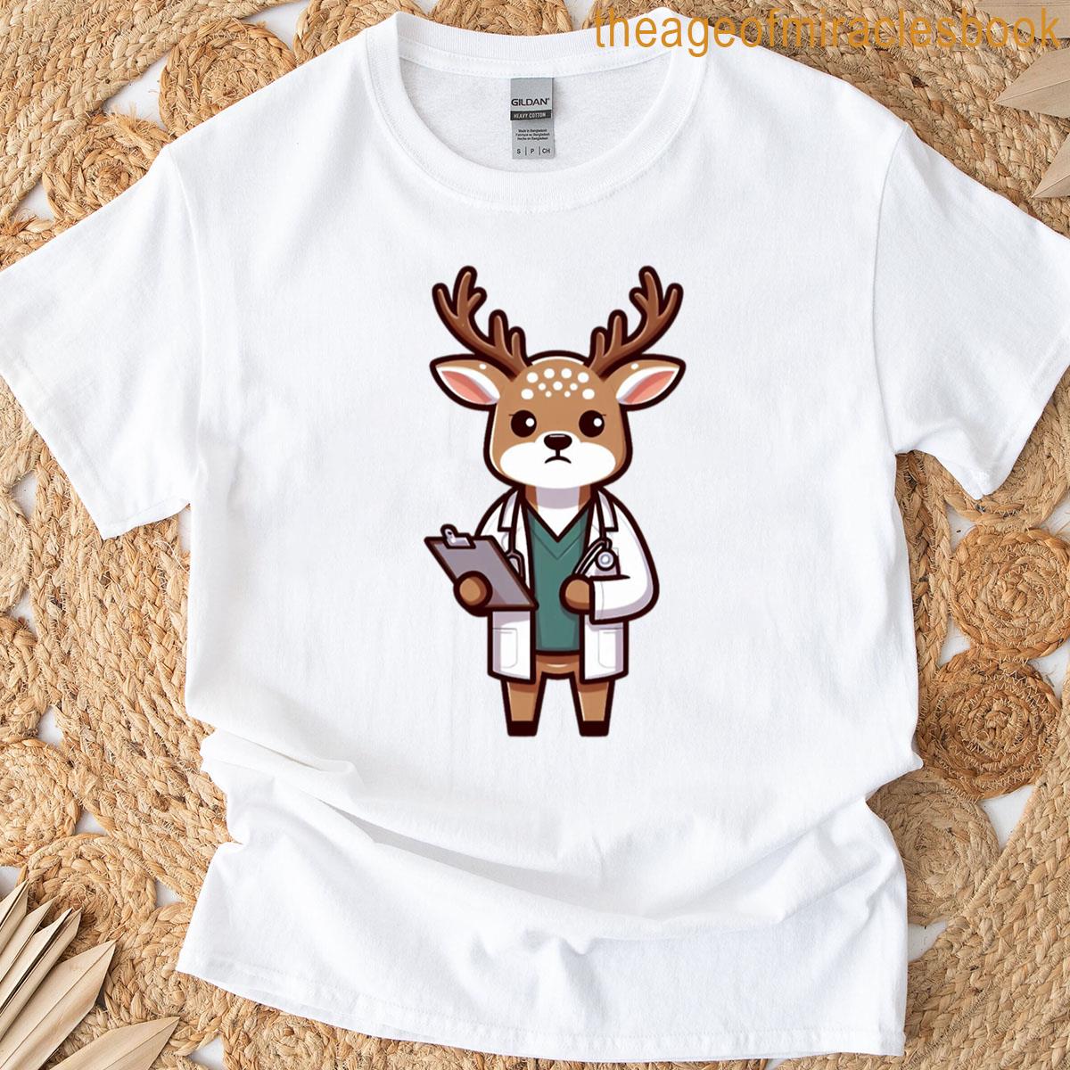 Cartoon Deer Scientist With Clipboard Clever Lab Animal Design T-shirt