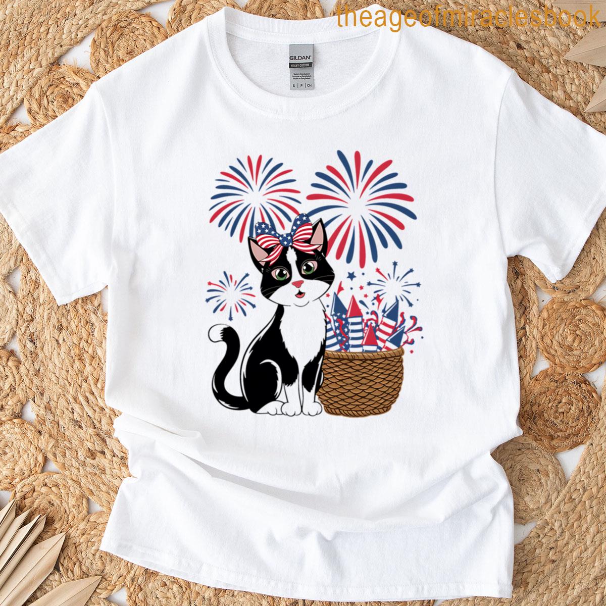 4th Of July Cute Cat And Fireworks T-shirt