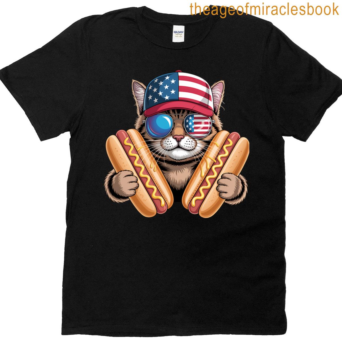 4th Of July Hotdog Cat Funny Patriotic Cat Usa Flag Wiener T-shirt