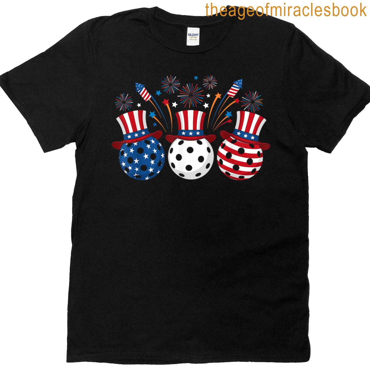 Funny Pickleball Fireworks American Usa Flag 4th Of July T-shirt