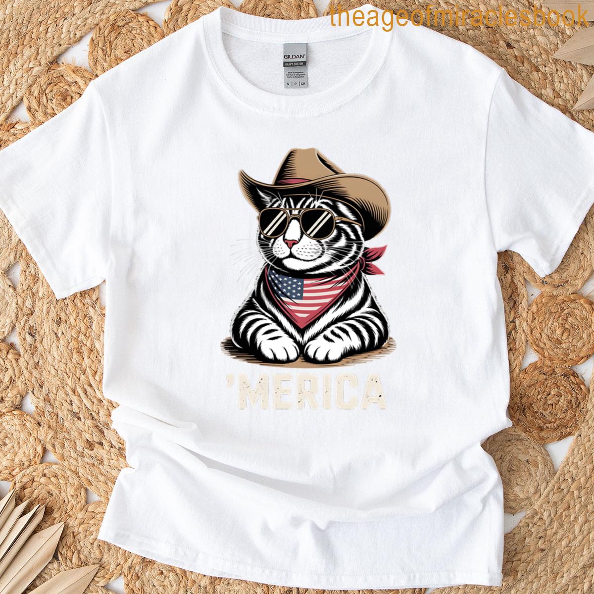 Merica Cat Funny Patriotic Cowboy Kitty 4th Of July Usa Oversized T-shirt