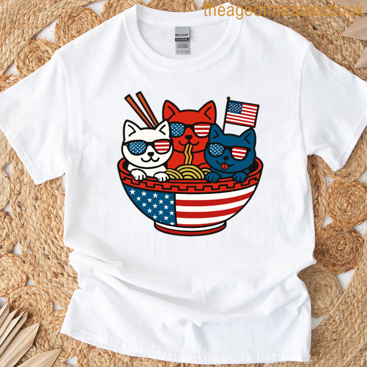Patriotic Cats Slurping Ramen In Red White And Blue T-shirt