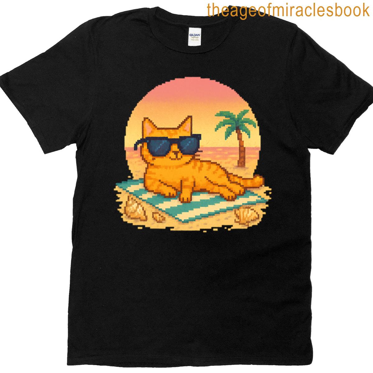 Pixel Cool Cat At Sunset Beach Oversized T-shirt