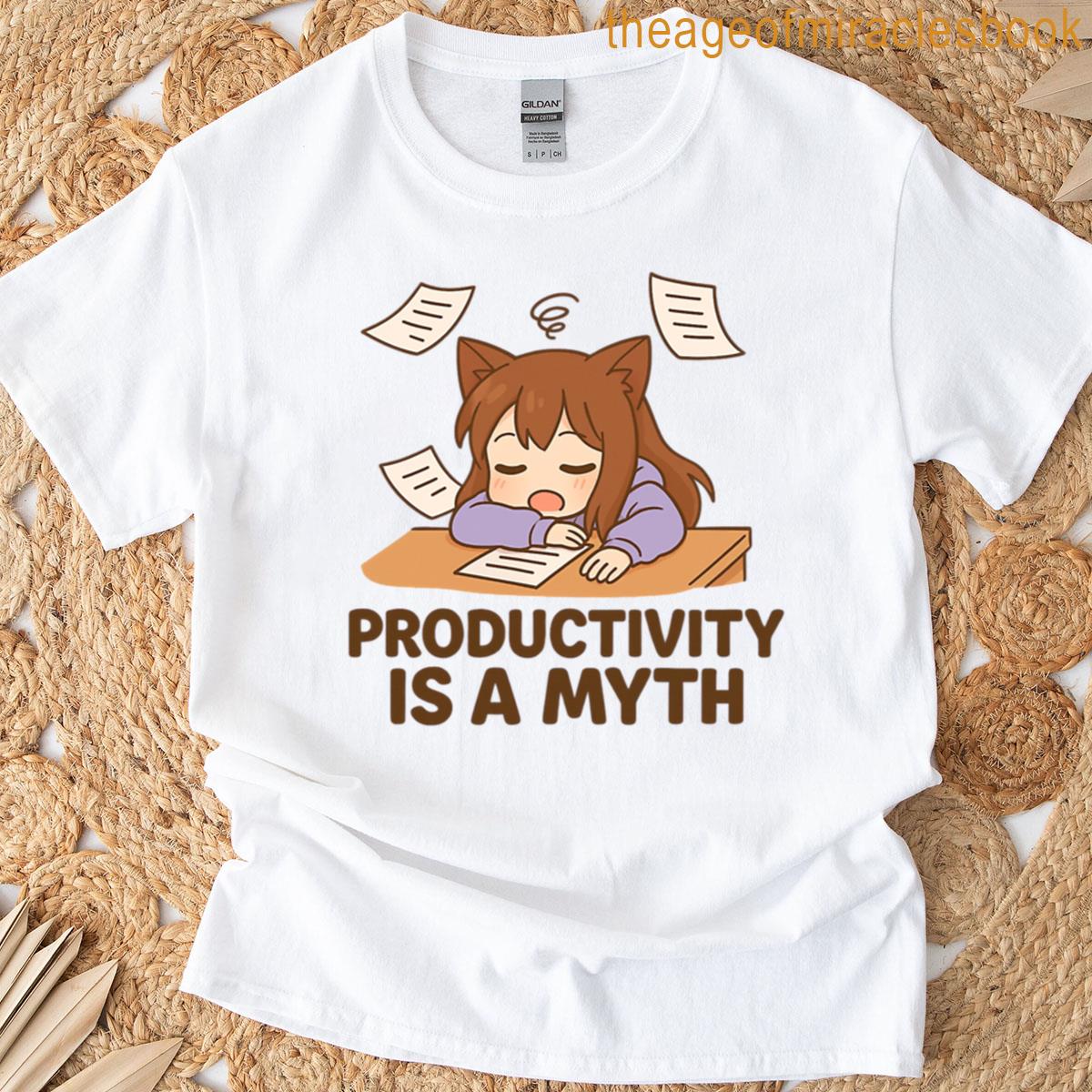Productivity Is A Myth Sleepy Cat Girl Sticker T-shirt