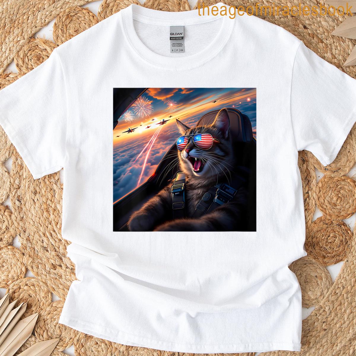 Womens Cat 4th Of July Selfie Jet Funny Cat Art Men Women Kids T-shirt
