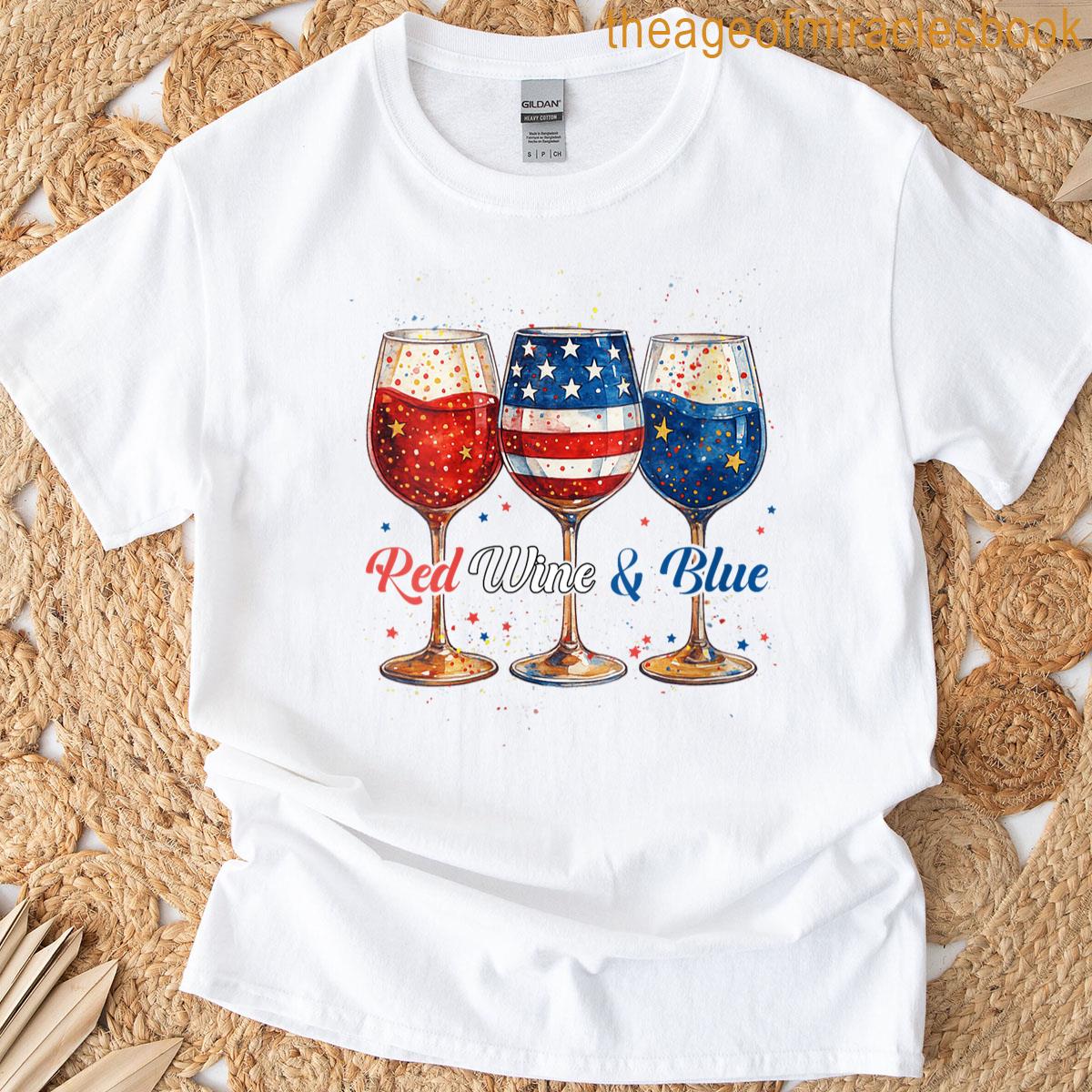 Womens Red White And Blue 4th Of July Wine American Flag Cheers T-shirt