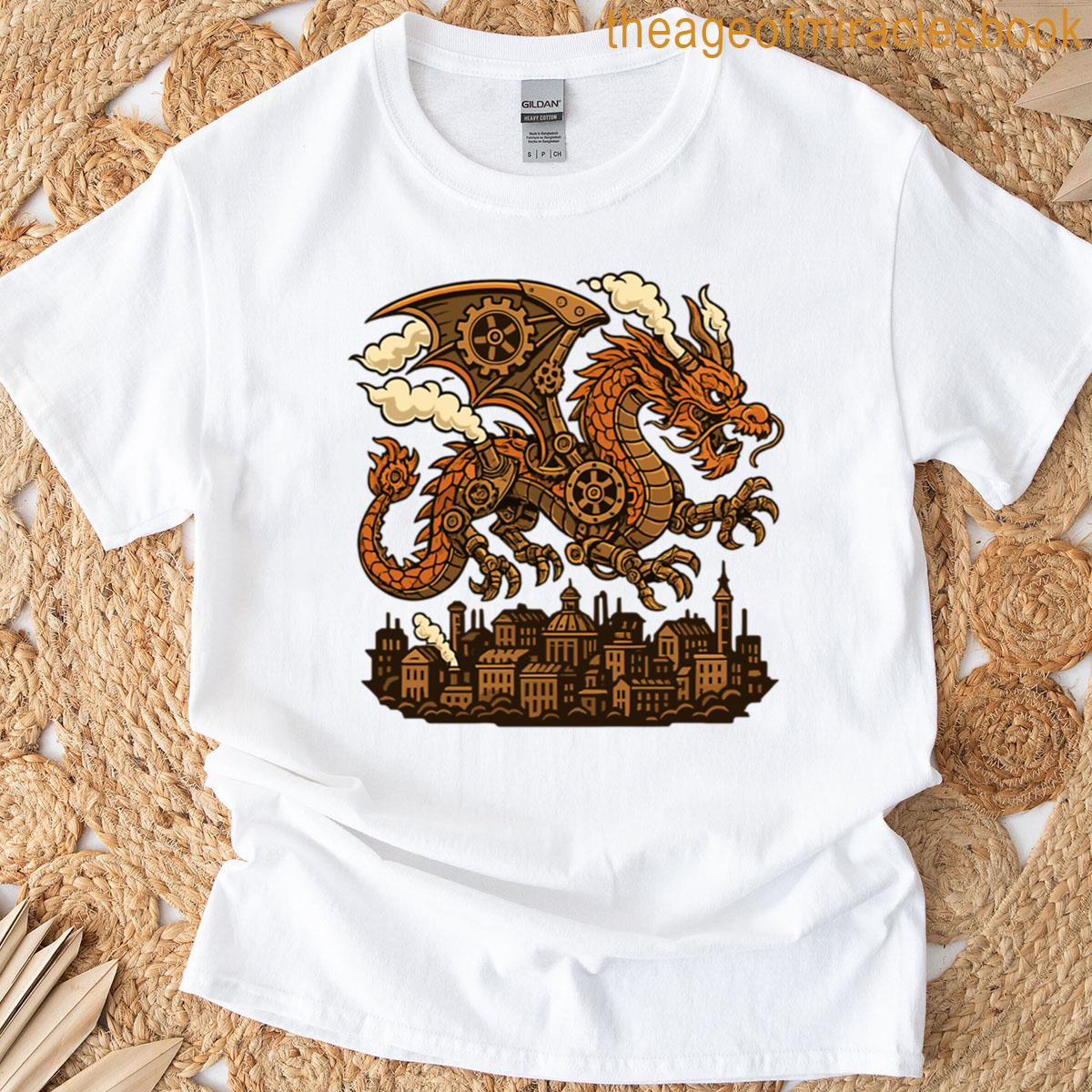 Steampunk Dragon Flying Over Industrial Cityscape With Gear Wings T-shirt
