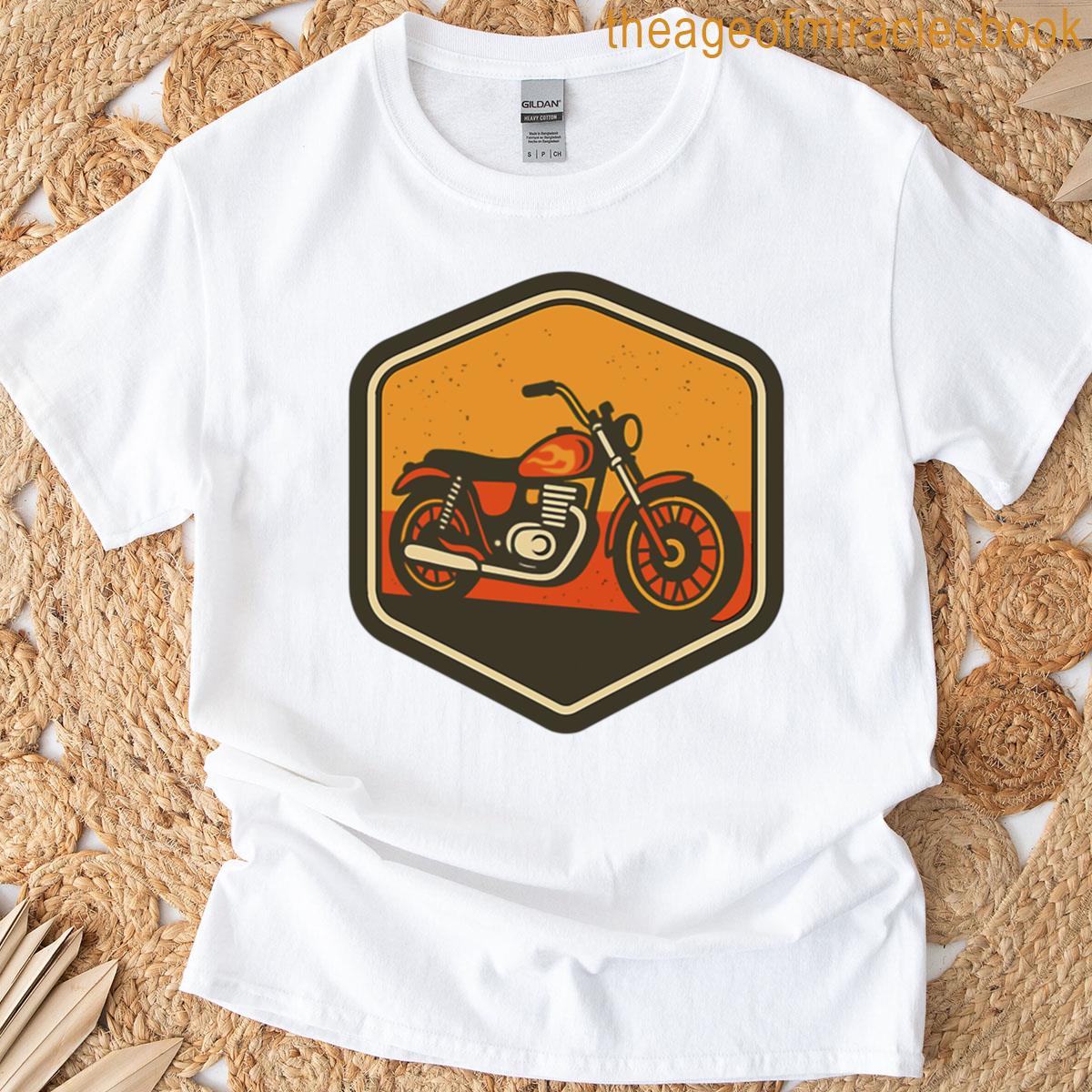 Vintage Motorcycle Badge With Flame Tank Design Retro Hexagon Emblem In Warm Sunset Colors T-shirt