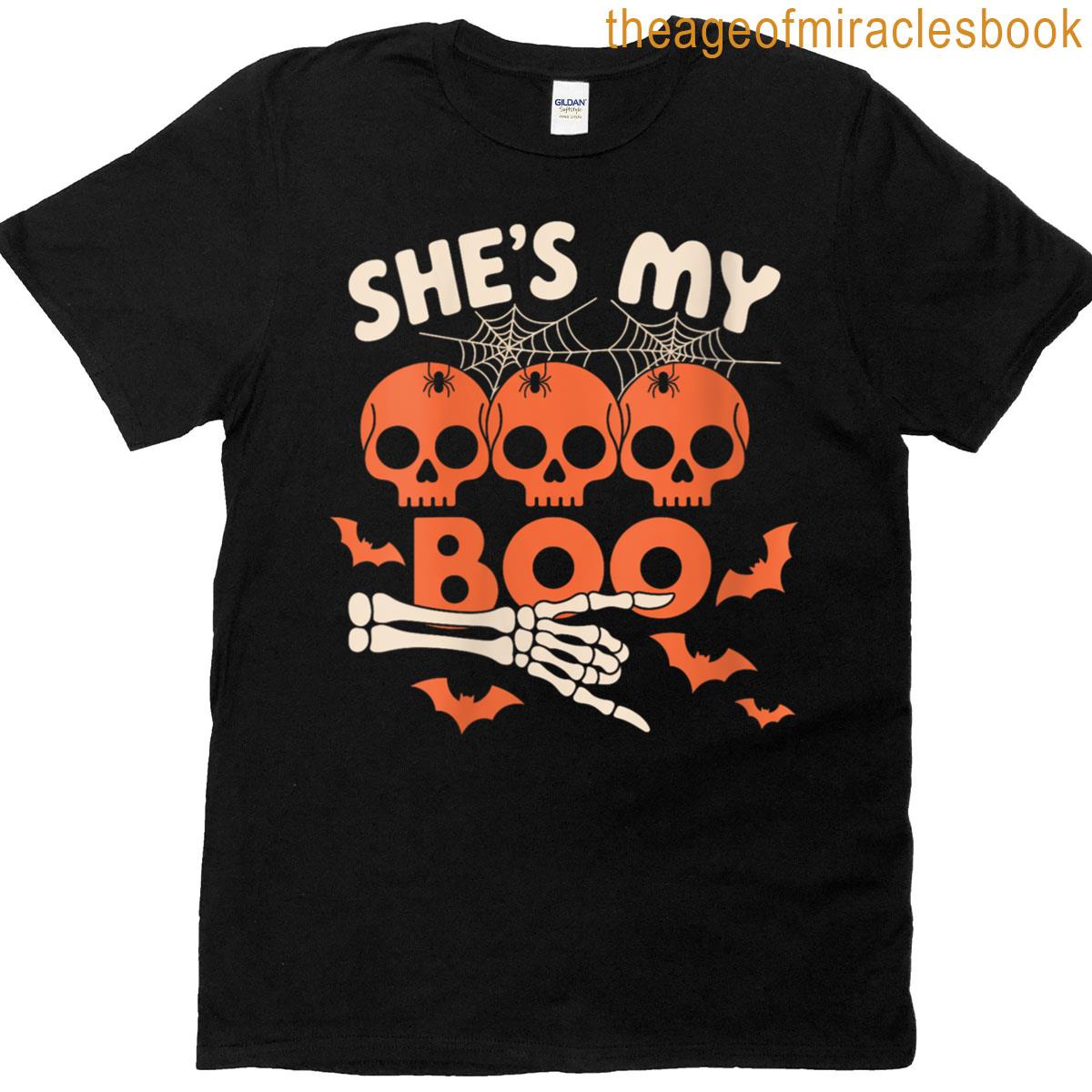 Womens Shes My Boo Skeleton Couples Matching Couple Halloween T-shirt