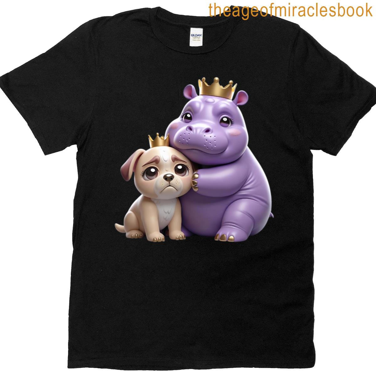 3d Kawaii Hippo Hugging Crying Dog With Crown Cute Pastel Style T-shirt