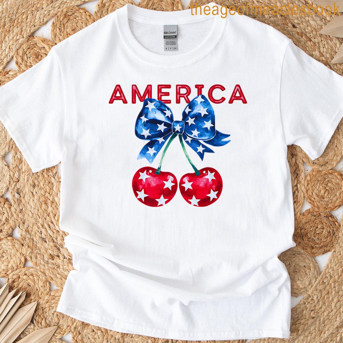 America Cherry Bow Women Girl Patriotic Usa Flag Premium T-shirt