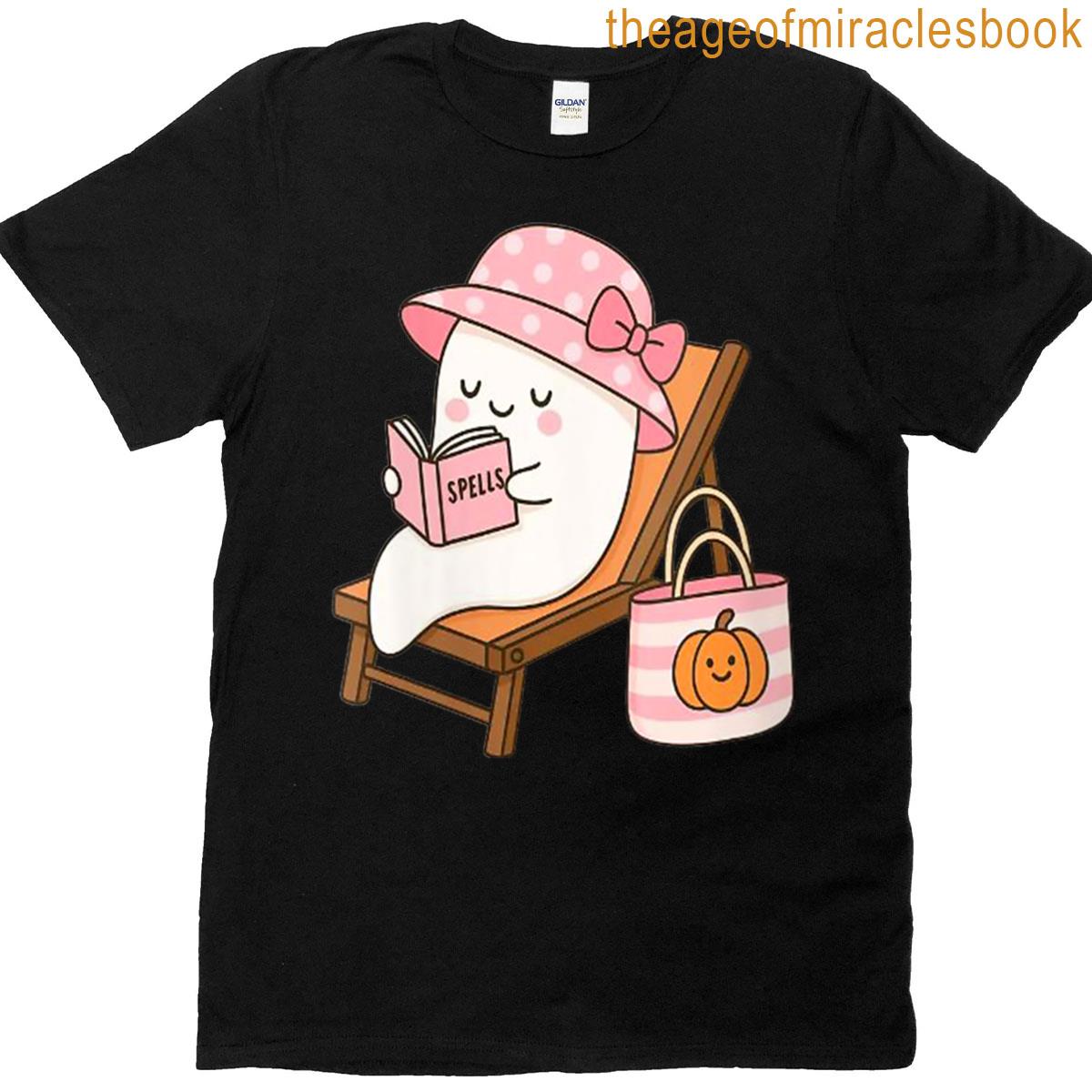 Womens Retro Floral Ghost Summer Halloween Cocktail Cute Summerween T-shirt