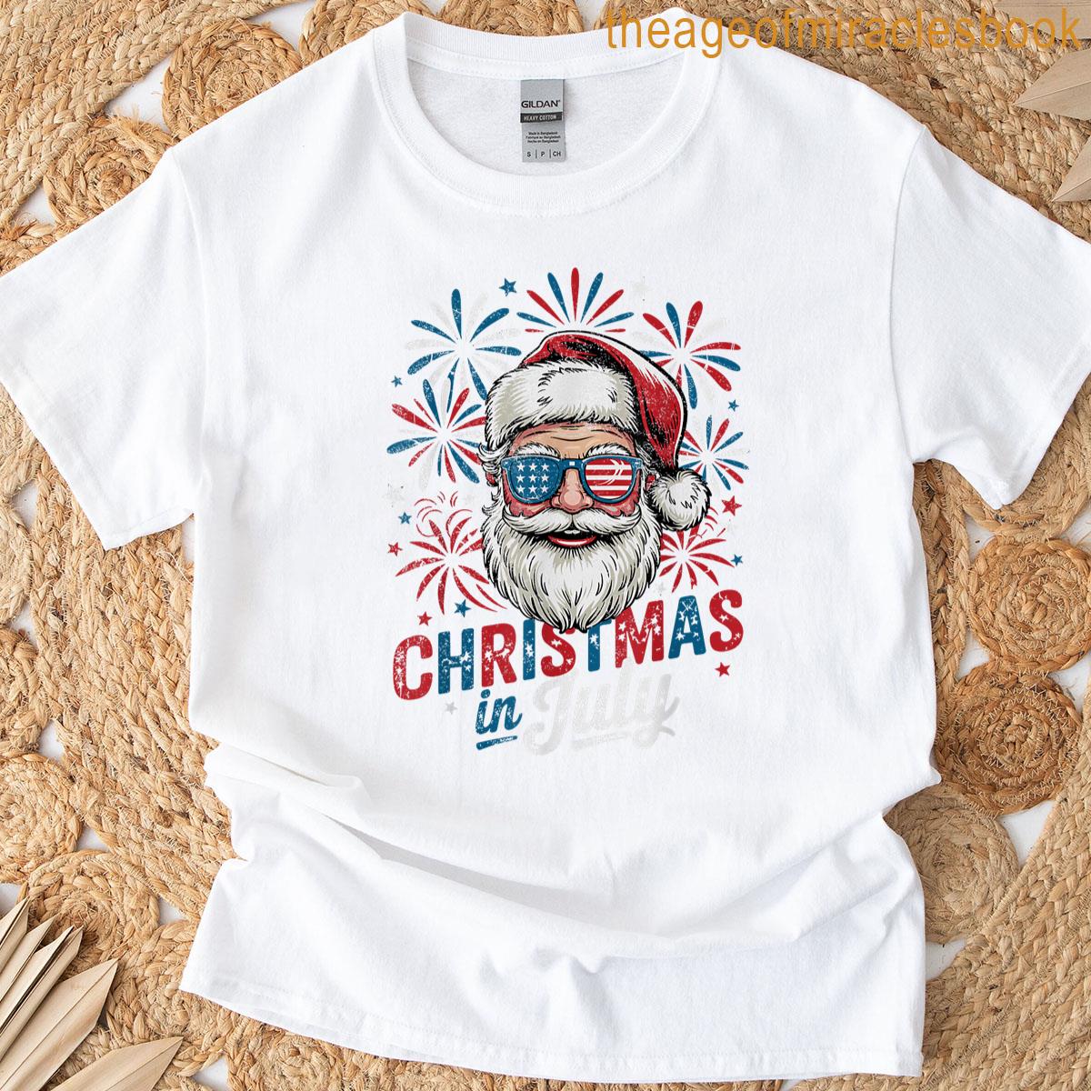 Funny Christmas In July Santa Us Flag Sunglasses Summer Xmas T-shirt
