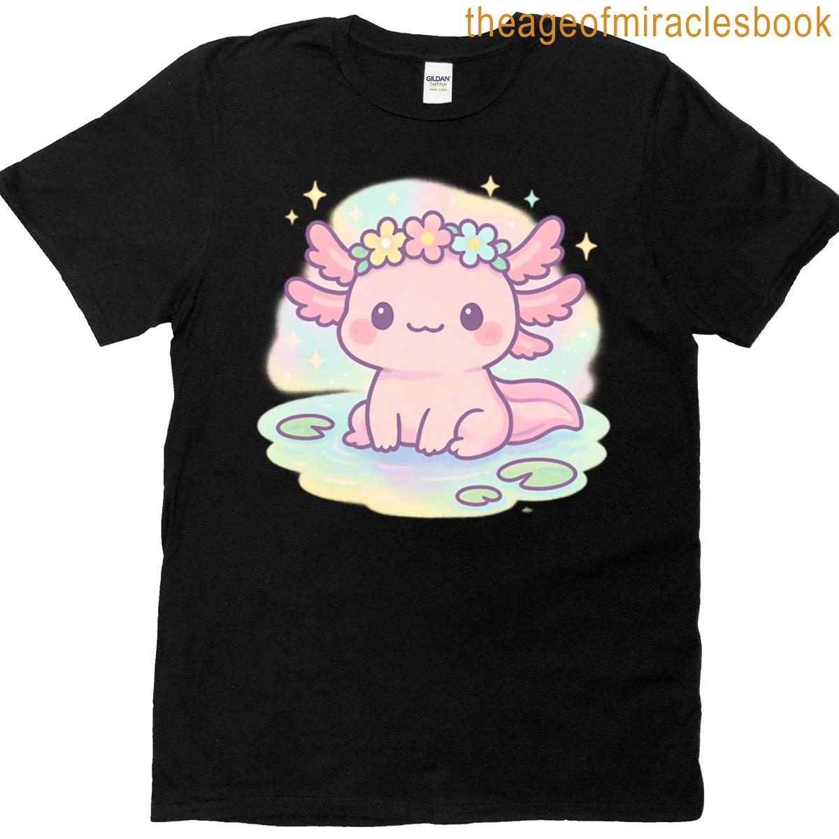 Cute Axolotl Kawaii Pink Axolotl Cartoon In Pastel Flower Crown T-shirt