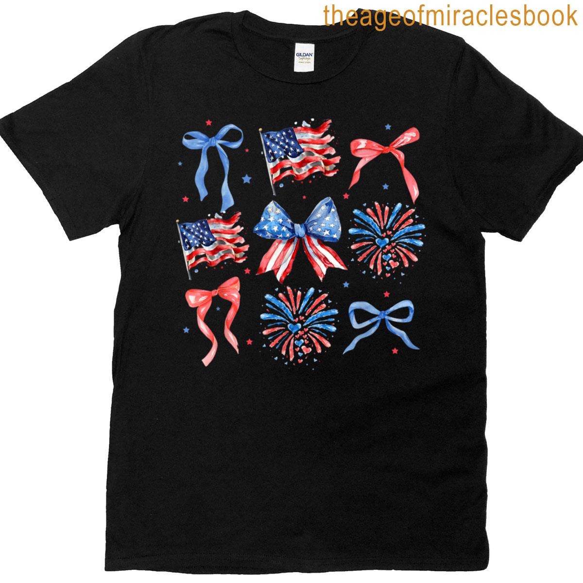 Girly 4th Of July Usa Coquette Bow American Flag Patriotic T-shirt