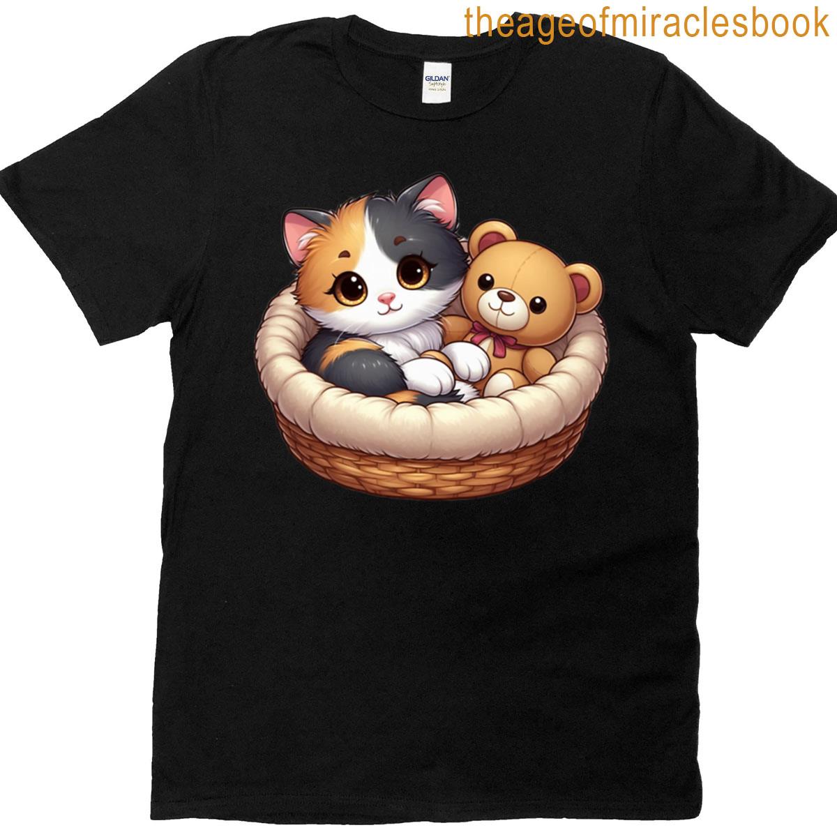 Kitten In Basket With Teddy – Sweet Cartoon Cat T-shirt